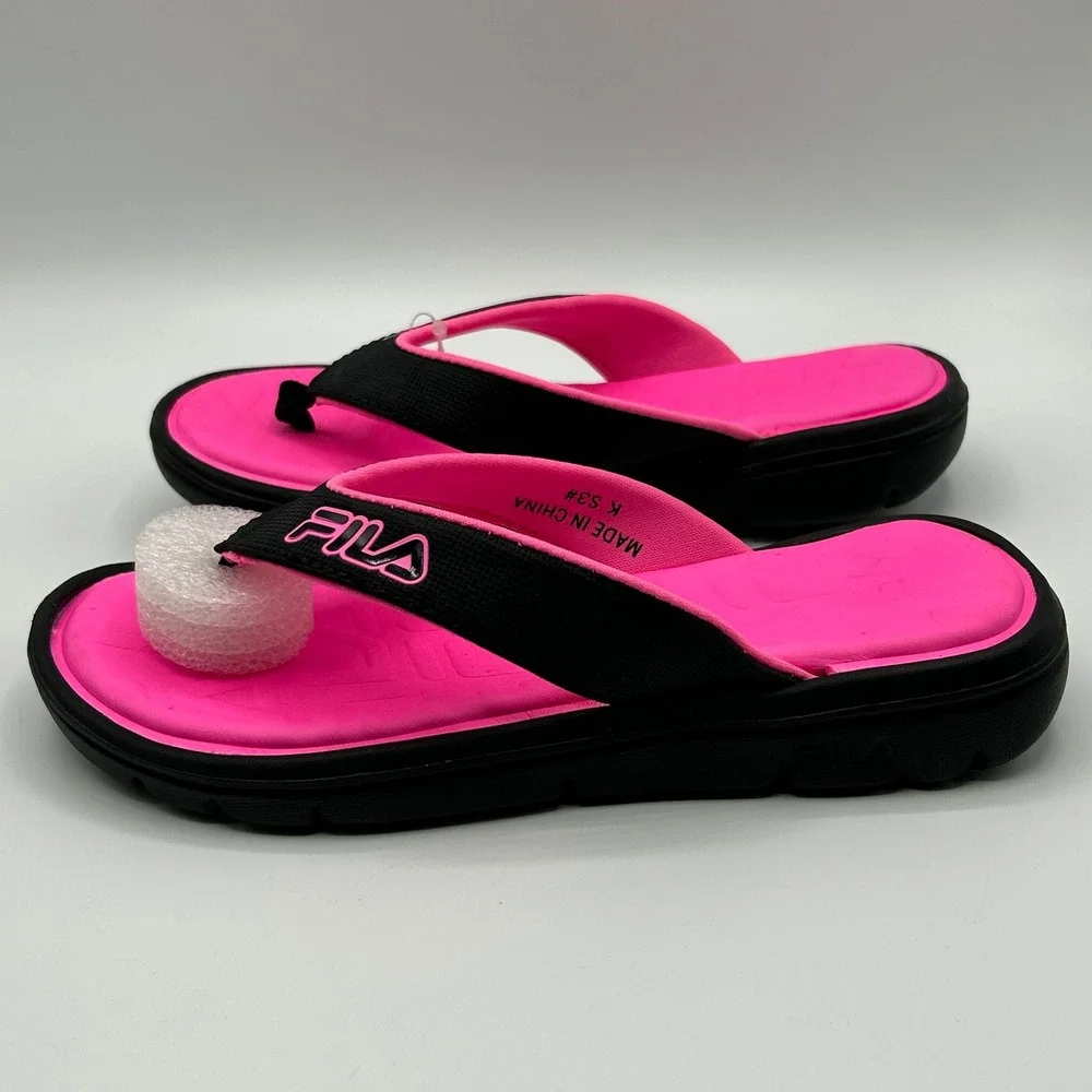 FILA Leana Girls Flip Flop Sandals Black Neon Pink Size 3 Athletic Beach NIB
